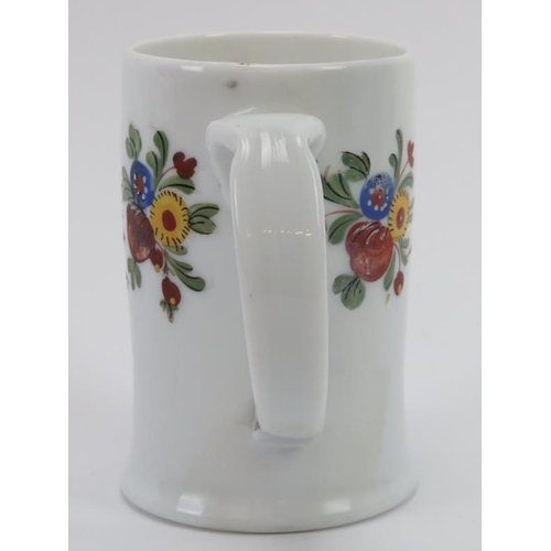 90 - A rare European enamel decorated milk glass tankard, mid 18th century. Polychrome enamel decorated w... 