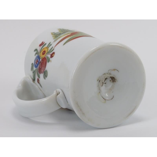 90 - A rare European enamel decorated milk glass tankard, mid 18th century. Polychrome enamel decorated w... 