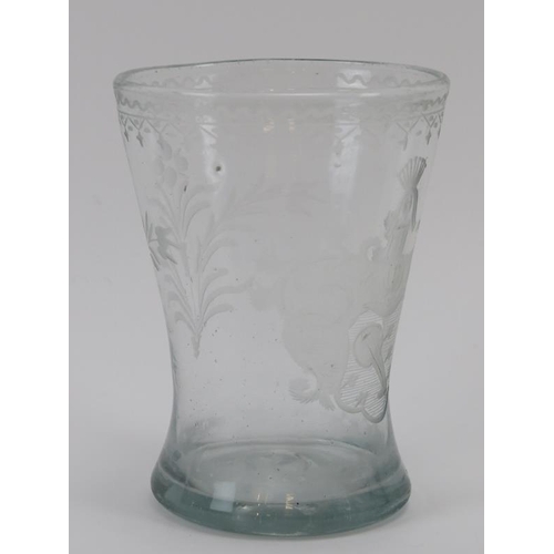 95 - A European armorial engraved beaker cup, 18th century. 11.2 cm height. Condition report: Good condit... 