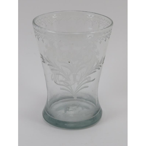 95 - A European armorial engraved beaker cup, 18th century. 11.2 cm height. Condition report: Good condit... 