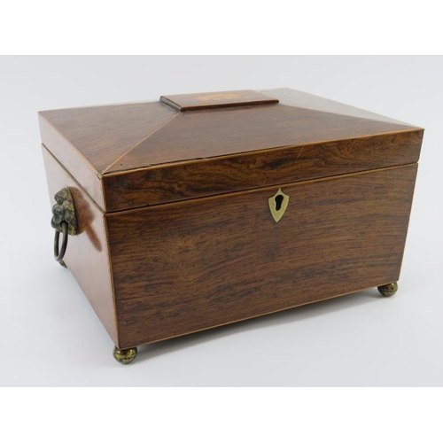 96 - A mahogany boxwood strung trinket jewellery box, early/mid 19th century. Of sarcophagus form with a ... 