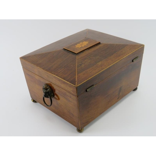 96 - A mahogany boxwood strung trinket jewellery box, early/mid 19th century. Of sarcophagus form with a ... 