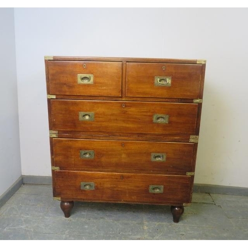 710 - A good 19th century brass mounted teak campaign chest, housing two short and three long drawers with... 