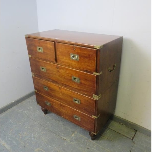 710 - A good 19th century brass mounted teak campaign chest, housing two short and three long drawers with... 