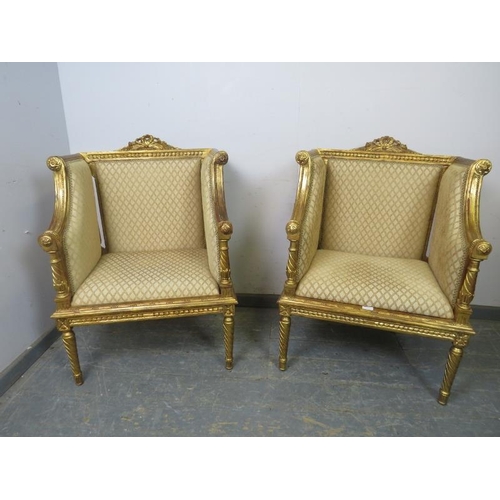 724 - A pair of antique French giltwood chairs in the Louis XVI taste, having ornately carved cornices and... 