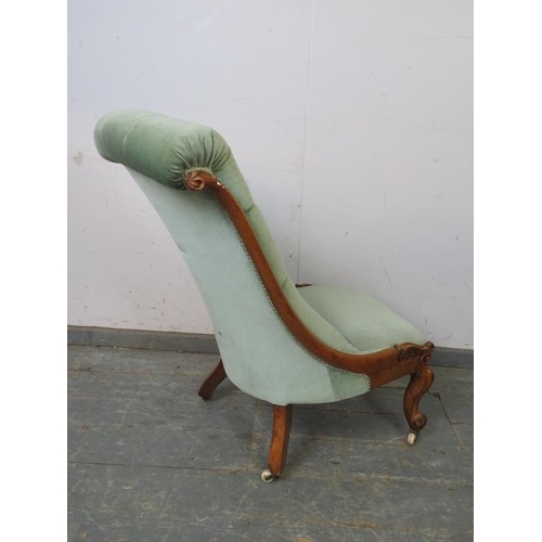 756 - A 19th century walnut slipper chair, the scrolled back reupholstered in buttoned teal velvet materia... 