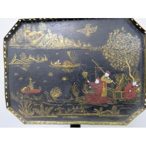 776 - A Regency Period ebonised tilt-top wine table, the top with gilt brass gallery and hand painted Chin... 