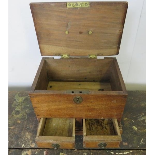 800 - A diminutive 19th century mahogany mule chest, the lid with brass swan neck handle, on bracket feet.... 