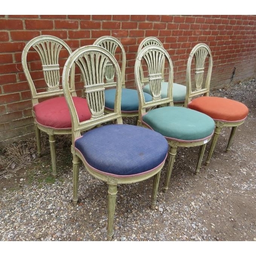 817 - A set of six antique French dining chairs, painted and distressed, the seats upholstered in mismatch... 