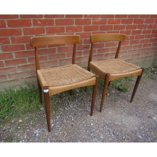 873 - A pair of mid-century Danish teak side chairs by Arne Hovmand Olsen for Mogens Kold, the braided rop... 