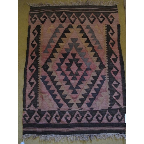 928 - Two 20th Century Kilim rugs. large 143 x 120cms, soft pink and grey.  Smaller rug mixture of black a... 