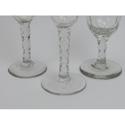 88 - Three faceted stem drinking glass, late 18th/19th century. (3 items) 15.9 cm tallest height. Conditi... 