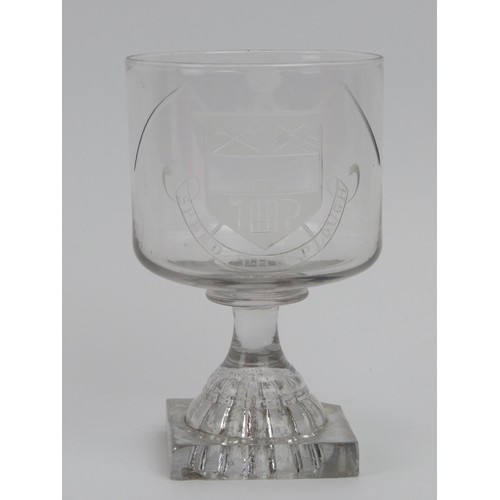 93 - A Georgian period English engraved glass rummer, early 19th century. With moulded square feet and en... 