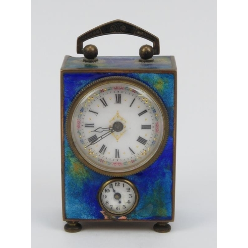 12 - A French enamelled brass miniature carriage clock, early 20th century. 7.3 cm height. Condition repo... 