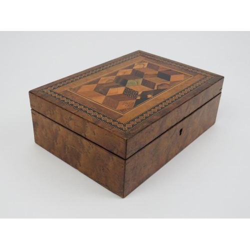 15 - Two parquetry inlaid Tunbridge ware boxes. One with T.Barton of Tunbridge Wells label applied beneat... 