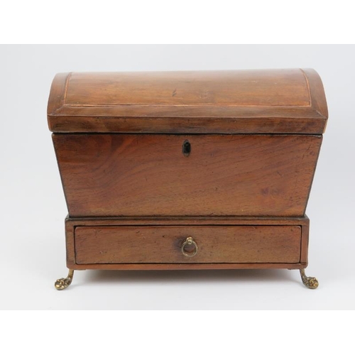 17 - A Regency box strung mahogany sewing box. Of sarcophagus form with a hinged cover, lower external dr... 