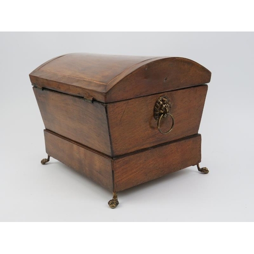 17 - A Regency box strung mahogany sewing box. Of sarcophagus form with a hinged cover, lower external dr... 