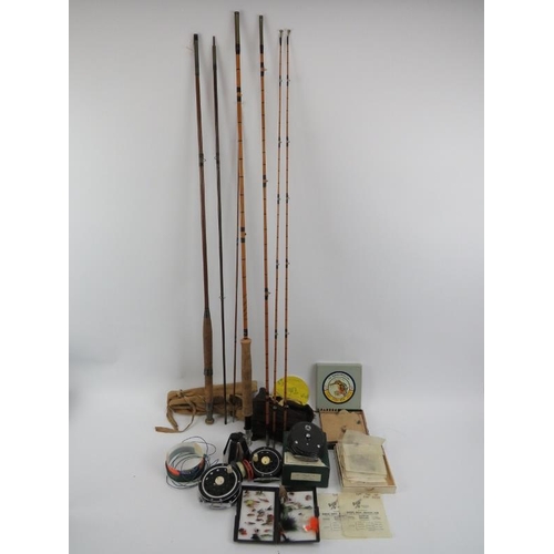 276 - A vintage ‘Coronation’ Farlow & Co split cane trout fishing rod together with reels, flies and anoth... 