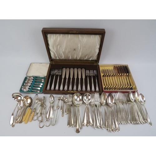 279 - A group of plated silver flatware and utensils. Notable makers included Mappin & Webb and Tudor. (Qu... 