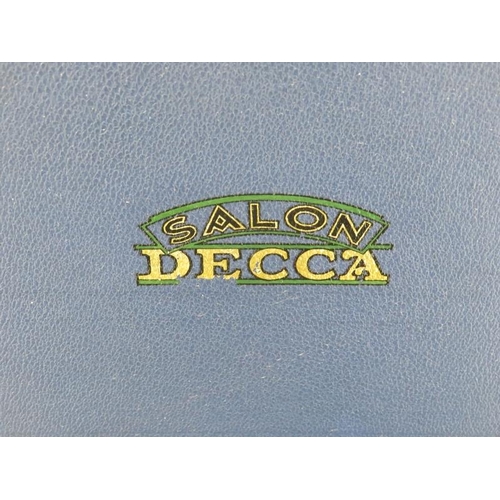 48 - A vintage Decca Salon 75 record wind up gramophone player. In a fitted travelling case. 42 cm length... 