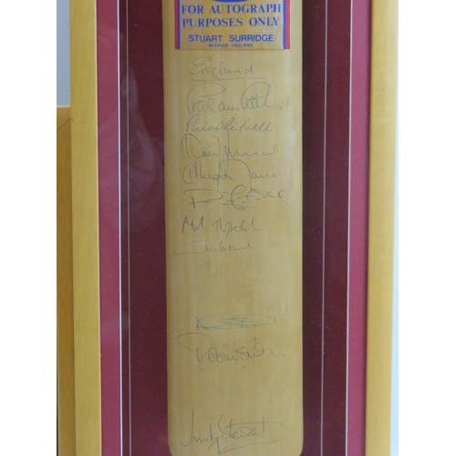 51 - Sporting memorabilia: A signed Graham Gooch poster, signed England Cricket Team bat and a set of Cri... 