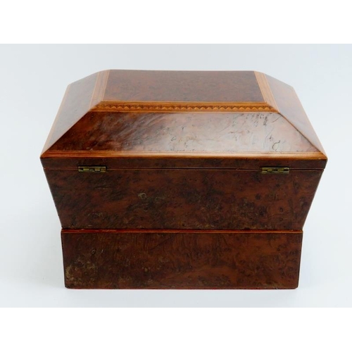 82 - A box strung burr walnut sewing box, 19th century. Of sarcophagus form with gilt metal acorn handles... 