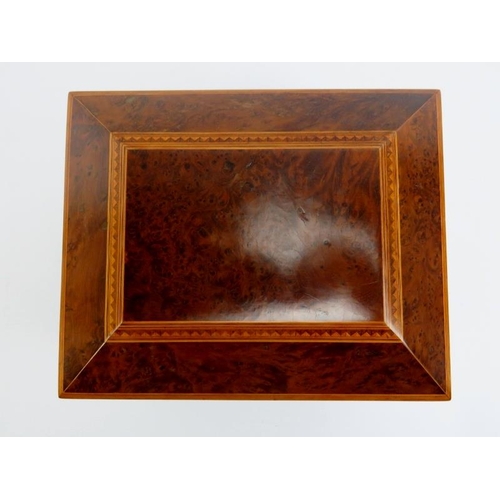 82 - A box strung burr walnut sewing box, 19th century. Of sarcophagus form with gilt metal acorn handles... 