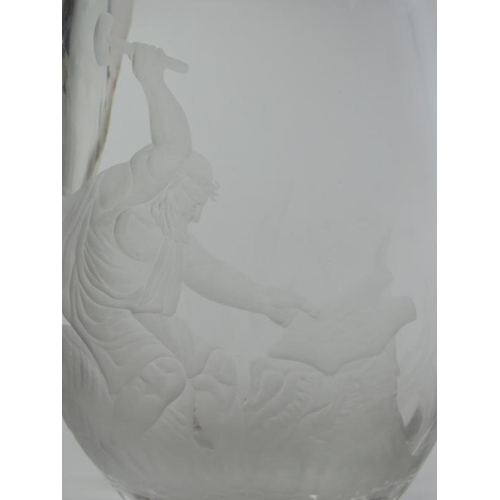 95 - A Mary Stevens for Stuart crystal glass vase engraved depicting Hephaestus the Greek God of Fire, 20... 