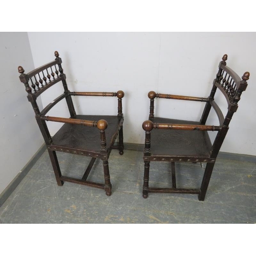 705 - A pair of 19th century oak open-sided armchairs, having acorn finials above turned spindles, the bac... 