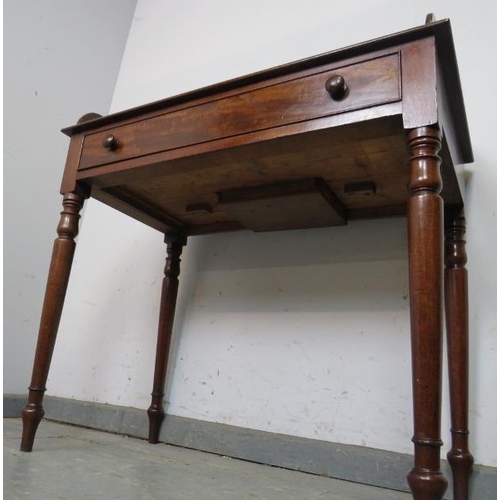 708 - A rare Georgian mahogany rent table, the ¾ gallery enclosing a brass bound slot, housing one long co... 