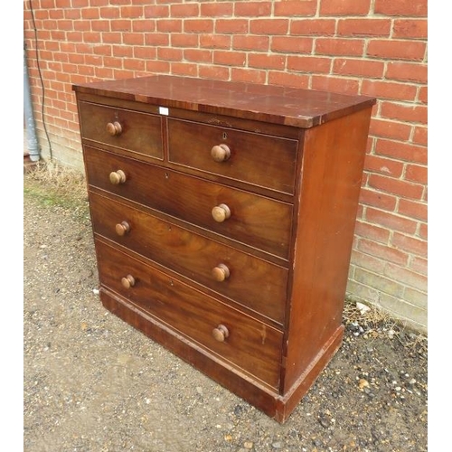 747 - A 19th century mahogany straight front chest, housing two short and three long graduated cock-beaded... 