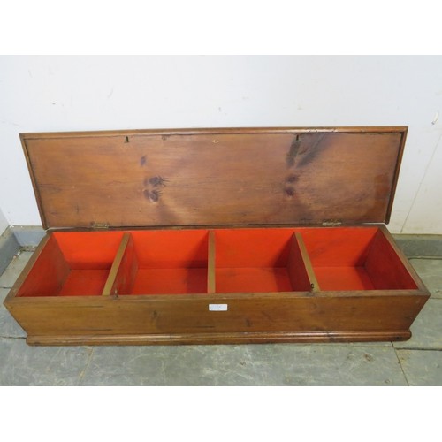 810A - A 19th century long box, the scarlet painted interior divided into four compartments. Carved with in... 