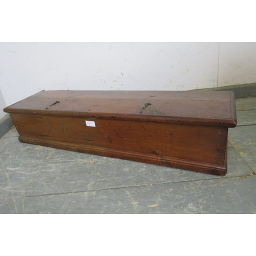 810A - A 19th century long box, the scarlet painted interior divided into four compartments. Carved with in... 