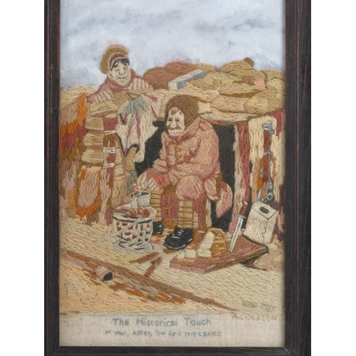 126 - Two WWI woven tapestries depicting figures in trenches and a British Royal Artillery badge tapestry.... 