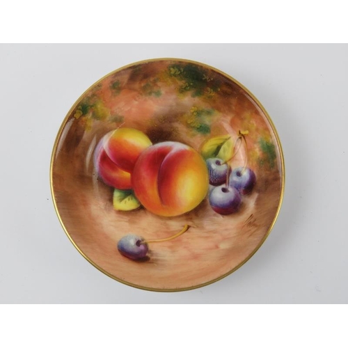 28 - A Royal Worcester fallen fruits pin dish hand decorated and signed by William Roberts. Black printed... 