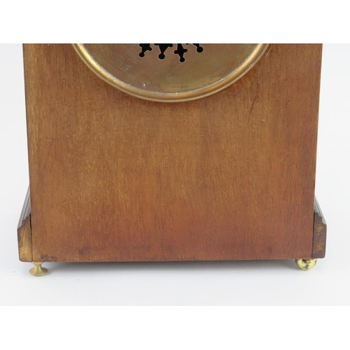 49 - Edwardian mahogany box strung mantel clock. Ansonia clock company mark to dial. 39 cm height. 
Condi... 