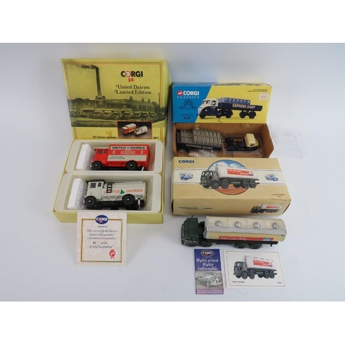 94 - Three Corgi die-cast toy vehicles. Boxed. Comprising an Express Dairy Scammell Scarab Set (15101), a... 