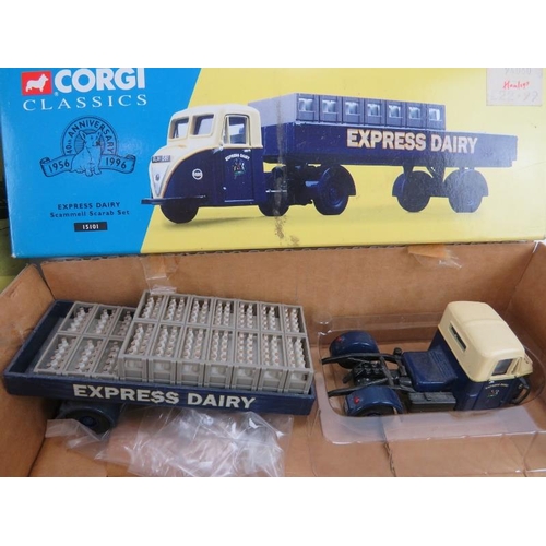 94 - Three Corgi die-cast toy vehicles. Boxed. Comprising an Express Dairy Scammell Scarab Set (15101), a... 