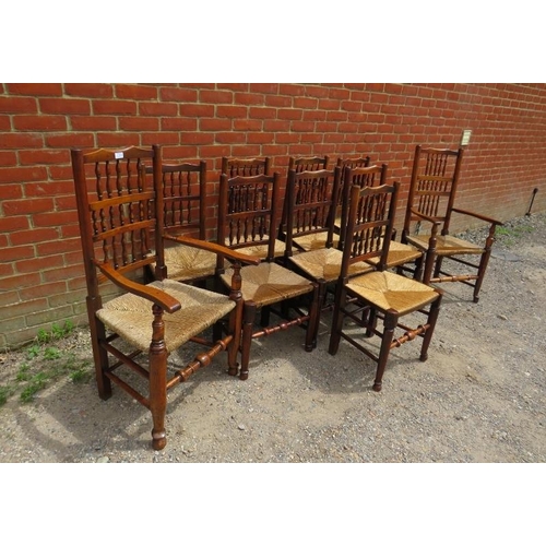 716 - A matched set of 10 (8+2) 19th century elm Lancashire spindle-back dining chairs, with rush seats, o... 