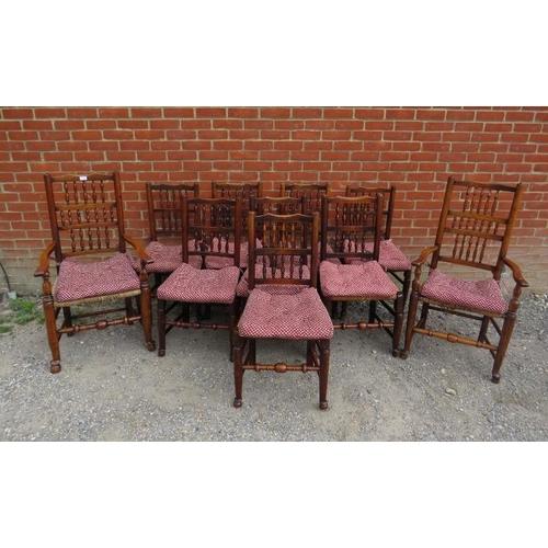 716 - A matched set of 10 (8+2) 19th century elm Lancashire spindle-back dining chairs, with rush seats, o... 