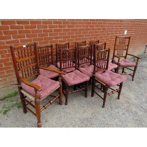 716 - A matched set of 10 (8+2) 19th century elm Lancashire spindle-back dining chairs, with rush seats, o... 