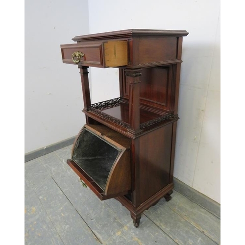 721 - An Edwardian mahogany side cabinet, having one long drawer above an open shelf with reeded Ionic col... 