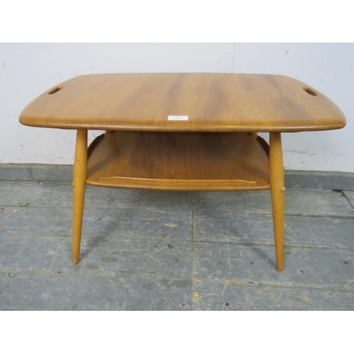 726 - A mid-century blonde elm and beech two-tier Windsor butler’s tray table by Ercol, on canted supports... 