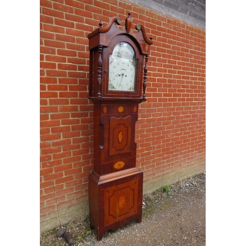 730 - A 19th century mahogany and oak 8-day striking longcase clock, the hood having a scrolled pediment w... 