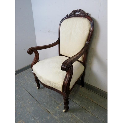 788 - A Victorian mahogany open-sided armchairs to match previous lot, upholstered in cream damask, having... 