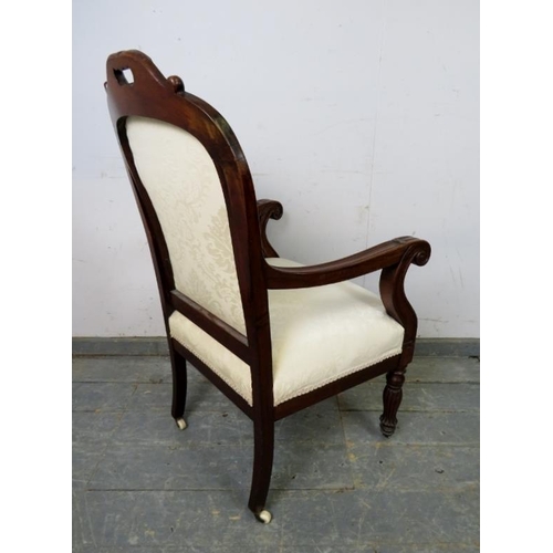 788 - A Victorian mahogany open-sided armchairs to match previous lot, upholstered in cream damask, having... 