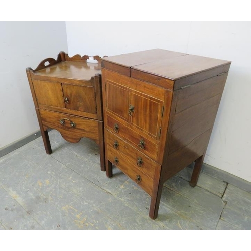 790 - A Georgian mahogany tray top commode, the pierced gallery above cupboard with pull-out section under... 