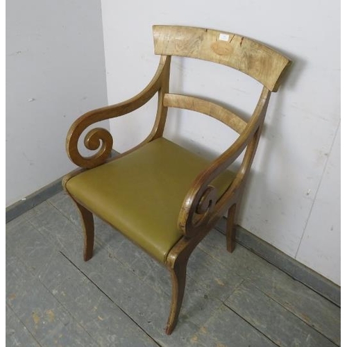 797 - A Regency Period mahogany desk chair, the back with shell marquetry inlay, joined with scrolled arms... 