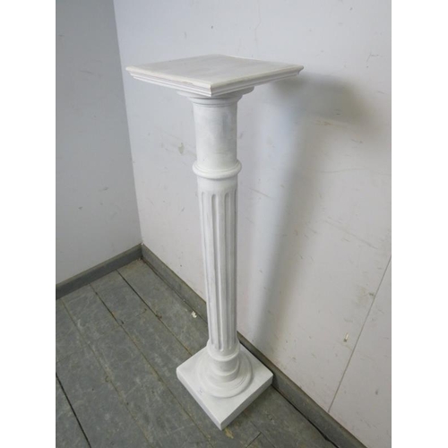 810 - An antique oak plantstand painted grey and distressed, the reeded column on a square plinth base. 
H... 