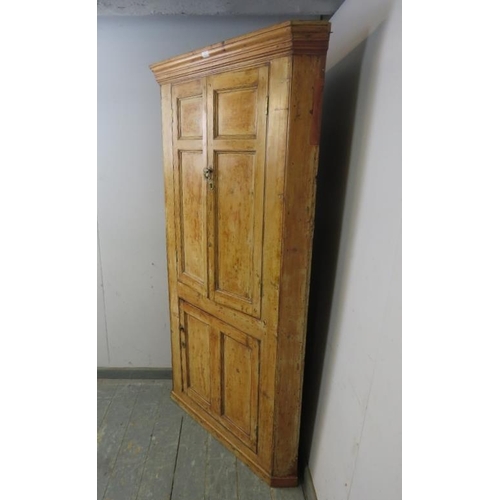 820 - A Georgian pine tall corner cupboard, the twin panelled doors opening onto a fitted interior retaini... 